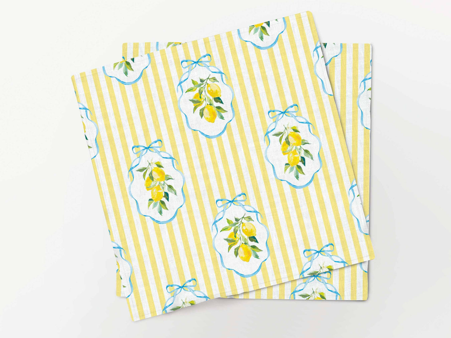 Napkins set, Summer Lemons & Yellow Stripes, linen napkins, 100% linen