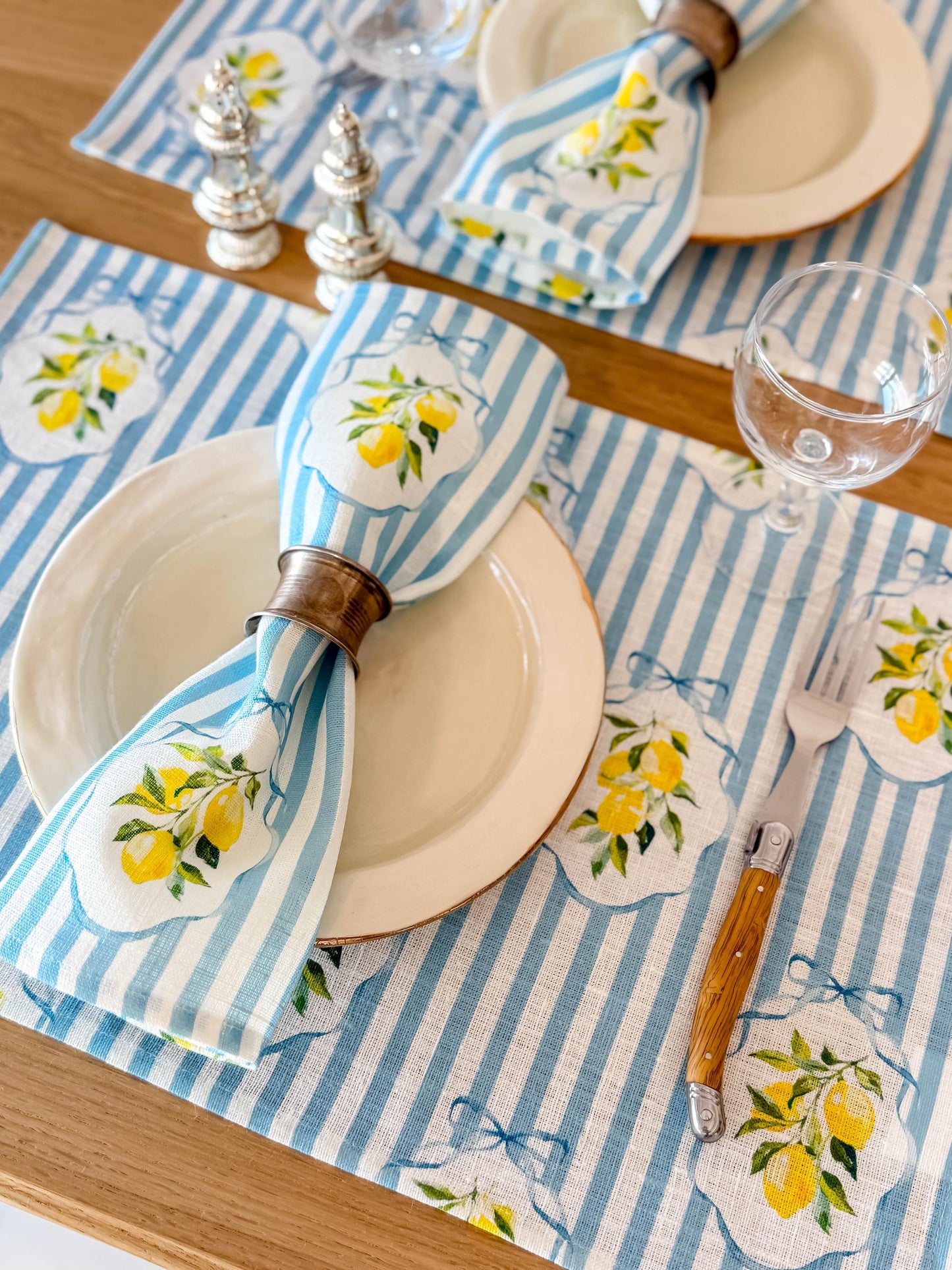 Placemats set, Summer lemons & Blue Stripes, linen placemats, 100% linen, vintage decor