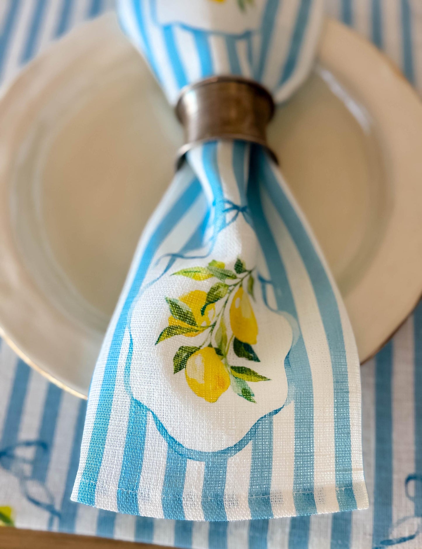 Napkins set, Summer Lemons & Blue Stripes, linen napkins, 100% linen