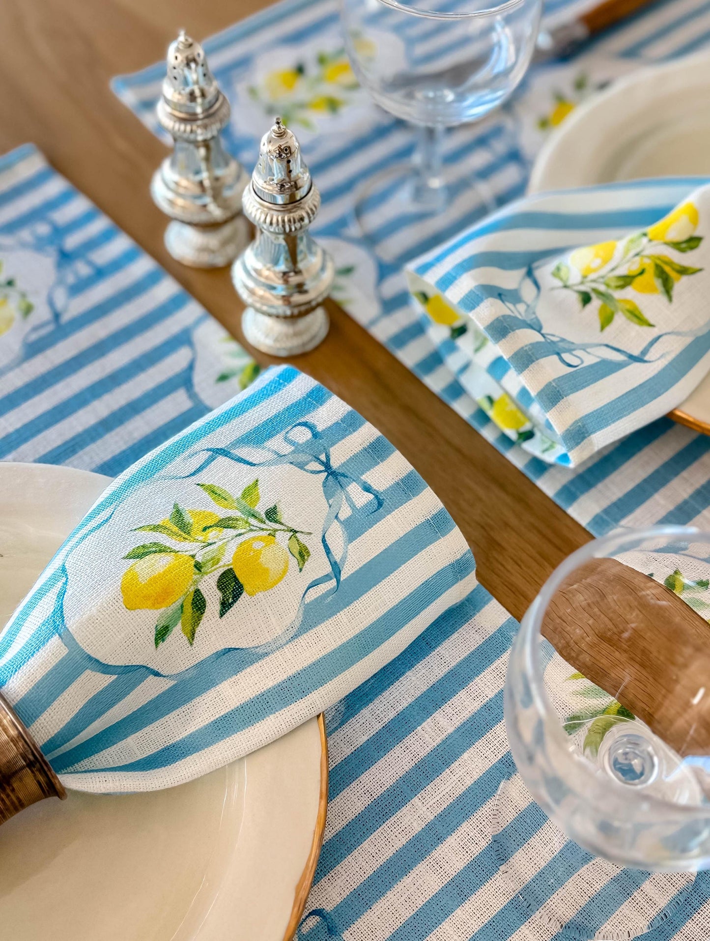 Napkins set, Summer Lemons & Blue Stripes, linen napkins, 100% linen