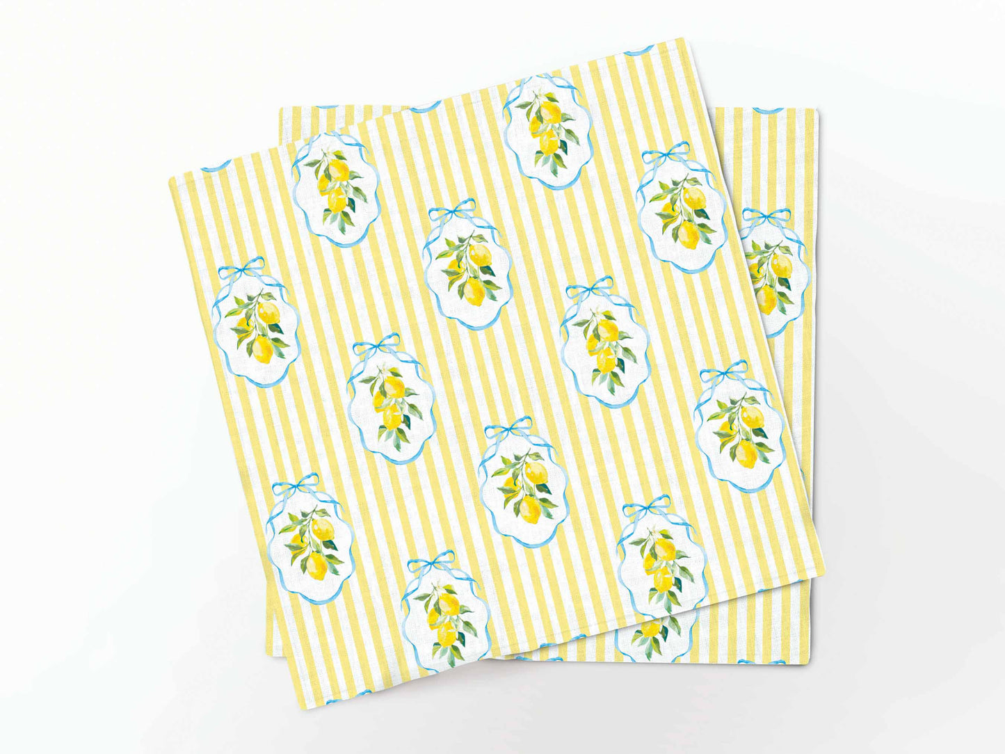 Napkins set, Summer Lemons & Yellow Stripes, linen napkins, 100% linen