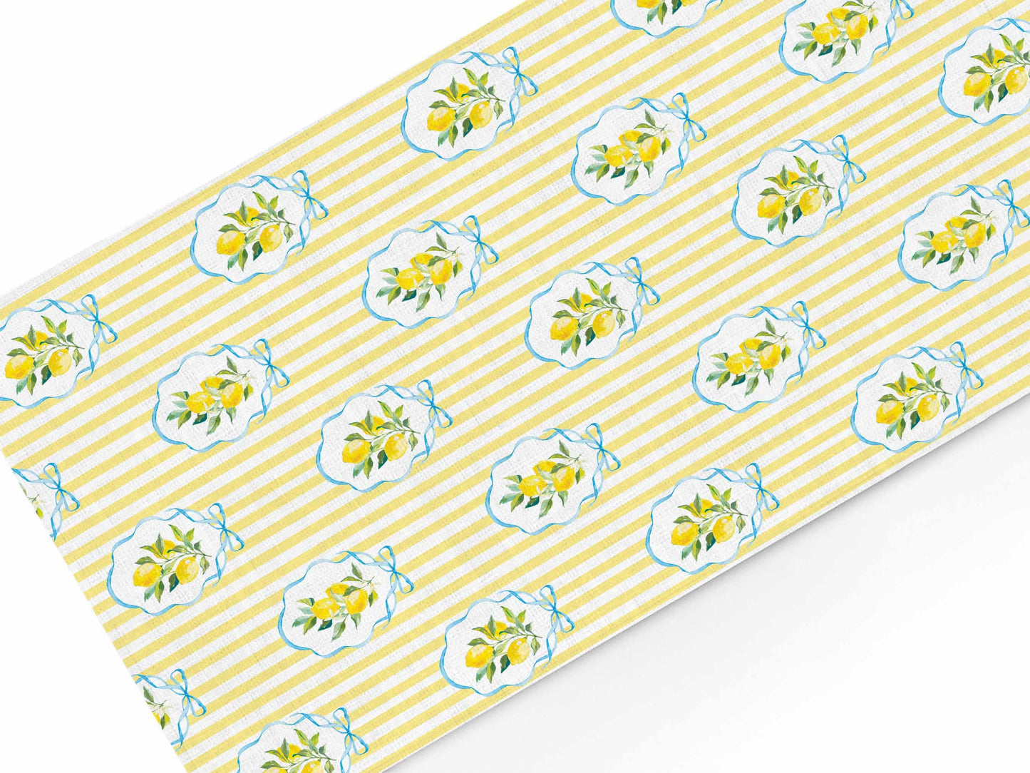 Table runner, Summer Lemons & Yellow Stripes, 100% linen, linen table runner