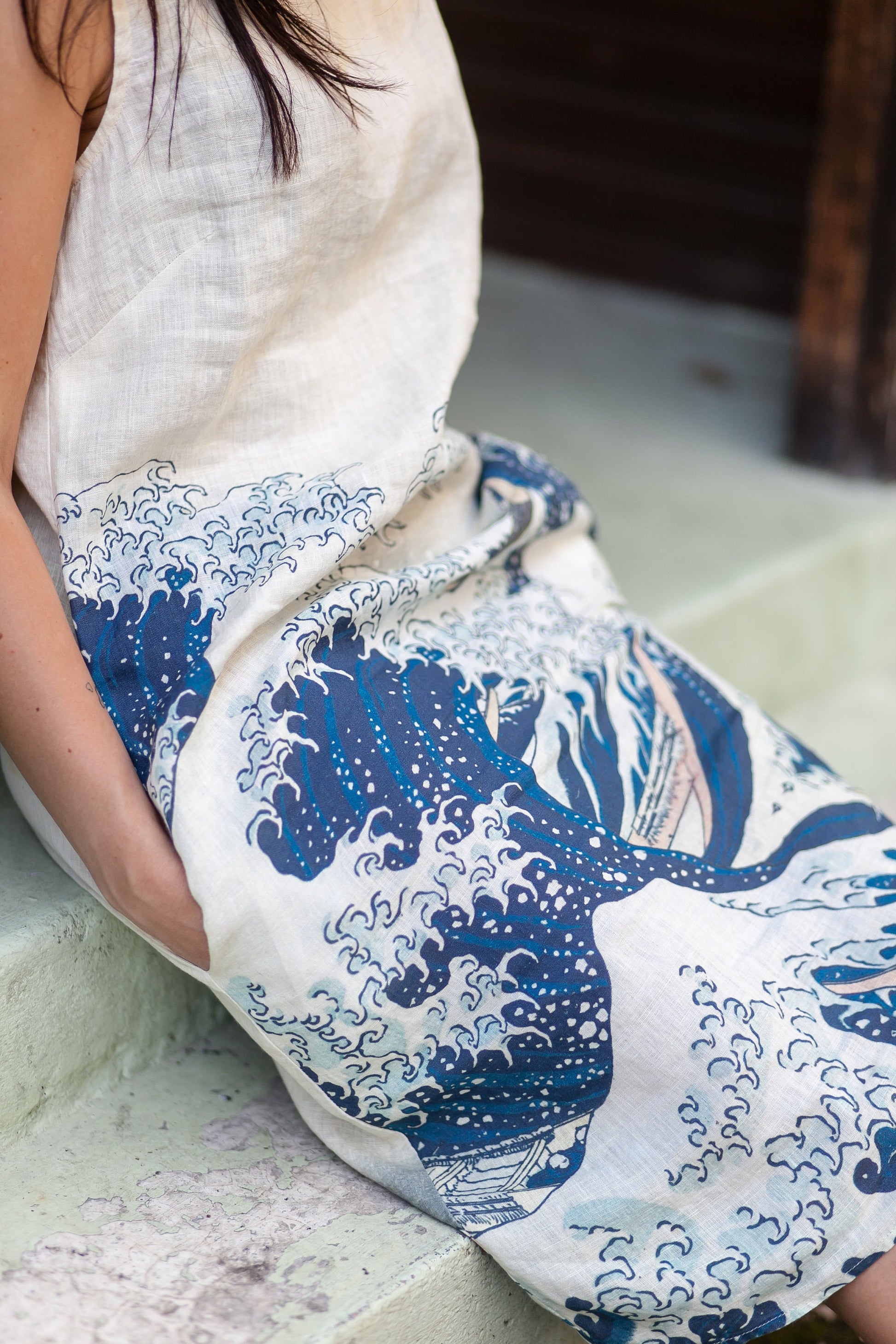 Linen dress, Hokusai The Great wave, sleeveless tunic, linen women dress, women dress with pockets, Linenislove