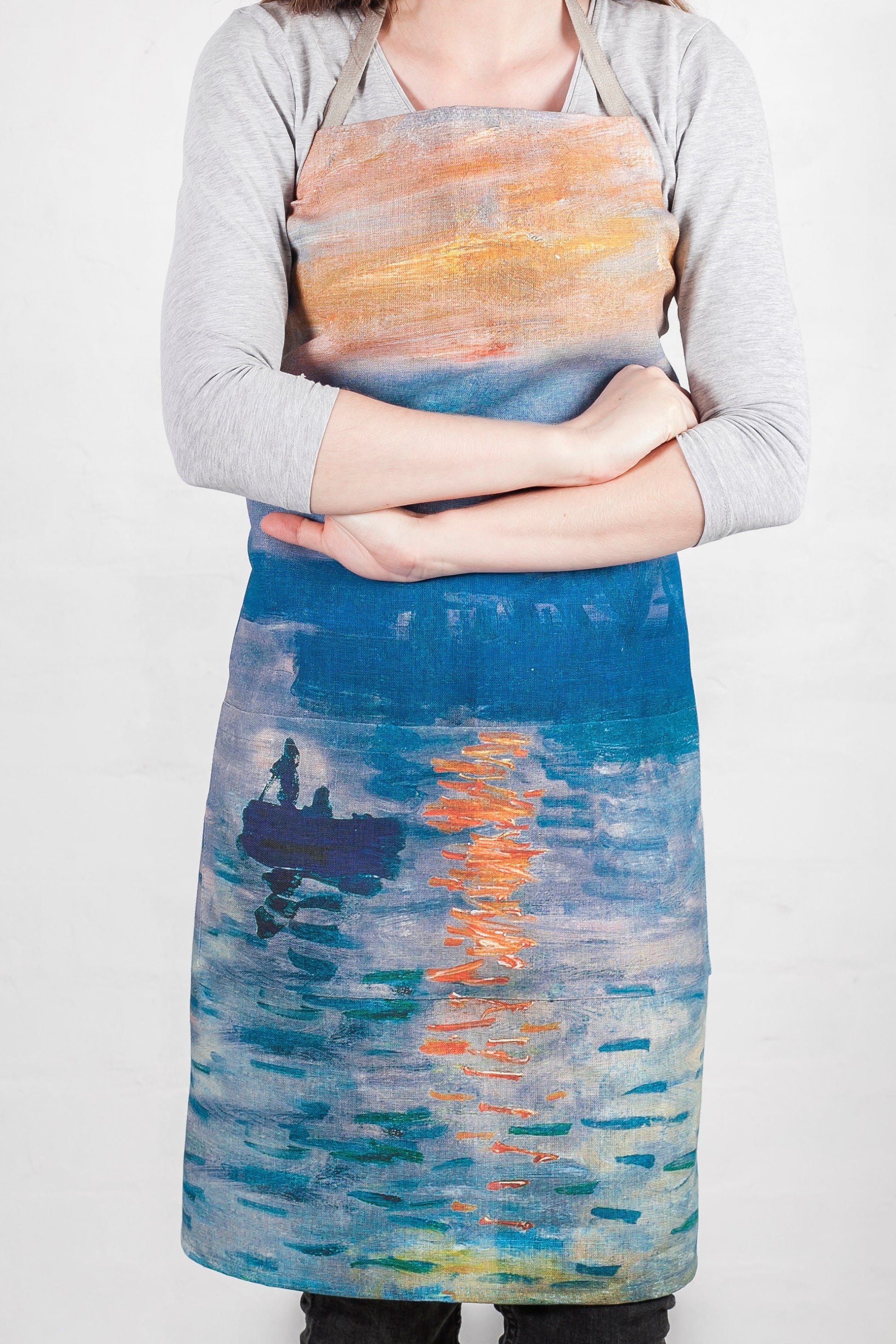 Apron, Claude Monet, Impression Sunrise, matching towel, linen apron, custom apron, free size apron, hand made apron, artist apron
