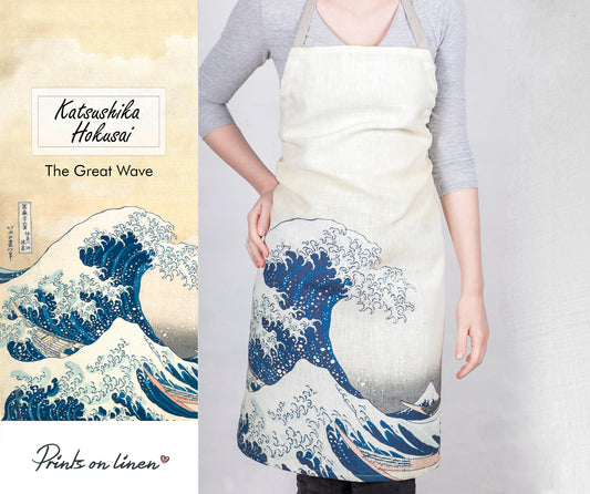The great wave, apron, plus towel, Hokusai, Japan, 100% linen, hand made apron, kitchen decor, housewarming gift, linen apron, art print