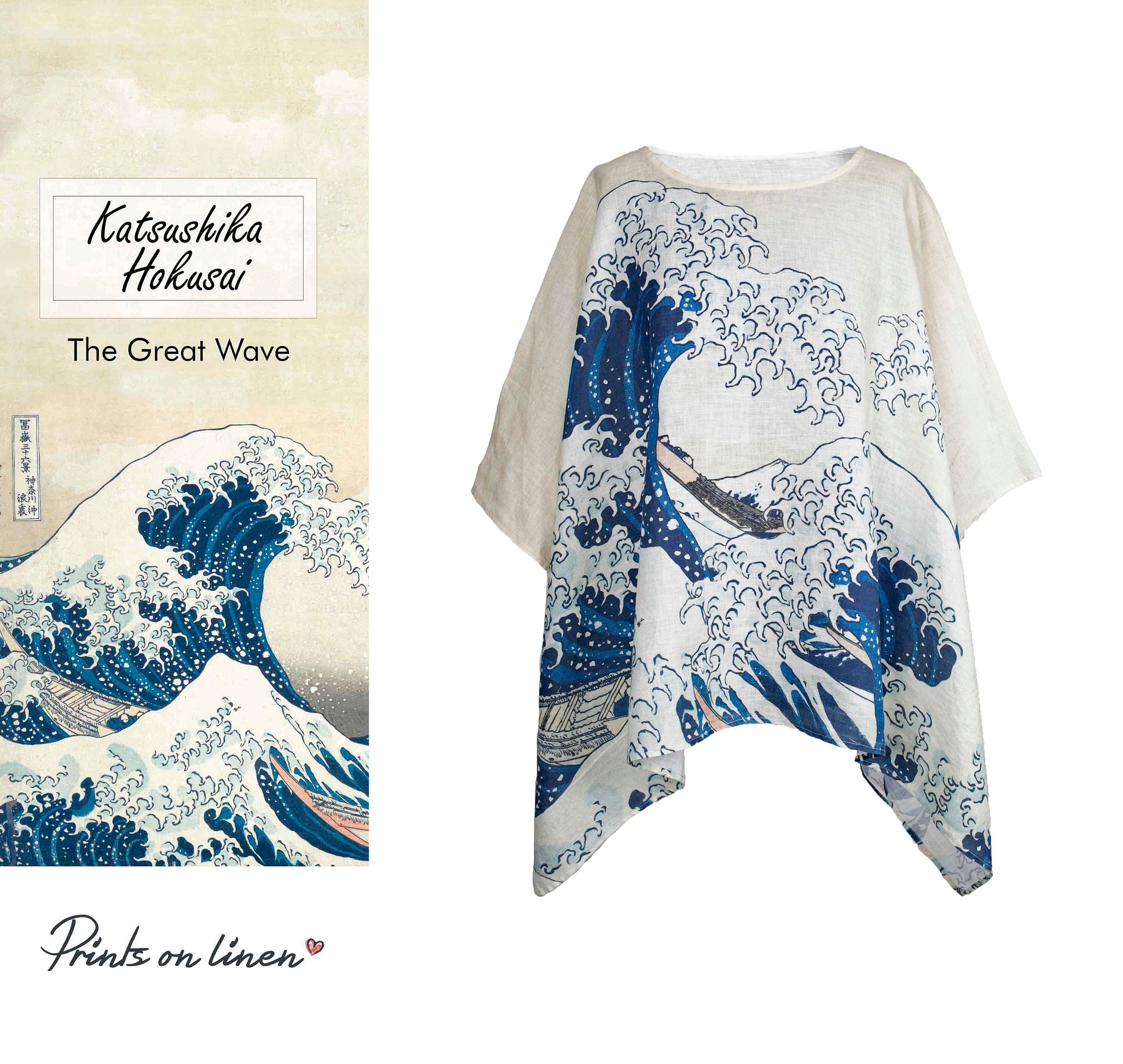 Hokusai, linen shirt, wabi sabi clothes, One size shirt, 100% linen, lounge wear, loose fit top, maternity shirt, tank top, japan top