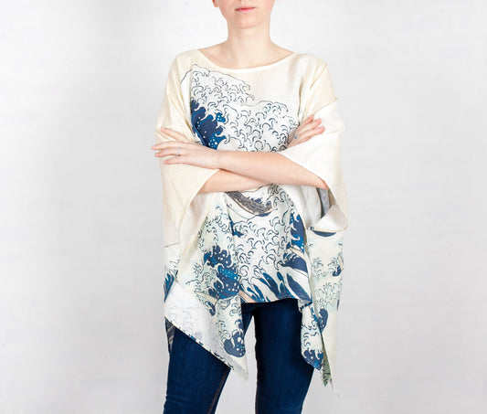 Hokusai, linen shirt, wabi sabi clothes, One size shirt, 100% linen, lounge wear, loose fit top, maternity shirt, tank top, japan top