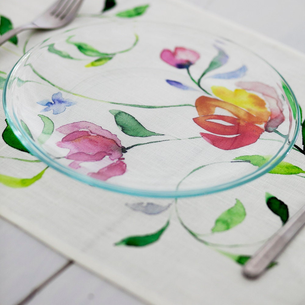 Linen Placemats Set | Watercolor Flowers