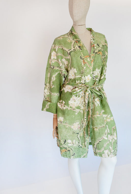 Kimono robe, Vincent van Gogh, kimono cardigan, bathrobe, Almond blossom, 100% linen, bridesmaid gift, Linen robe, linen, Linen bathrobe