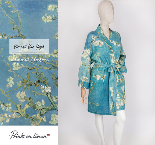 Women bathrobe, Van Gogh, kimono robe, kimono cardigan, bathrobe, Almond blossom, bridesmaid gift, linen, Linen bathrobe, 100% linen