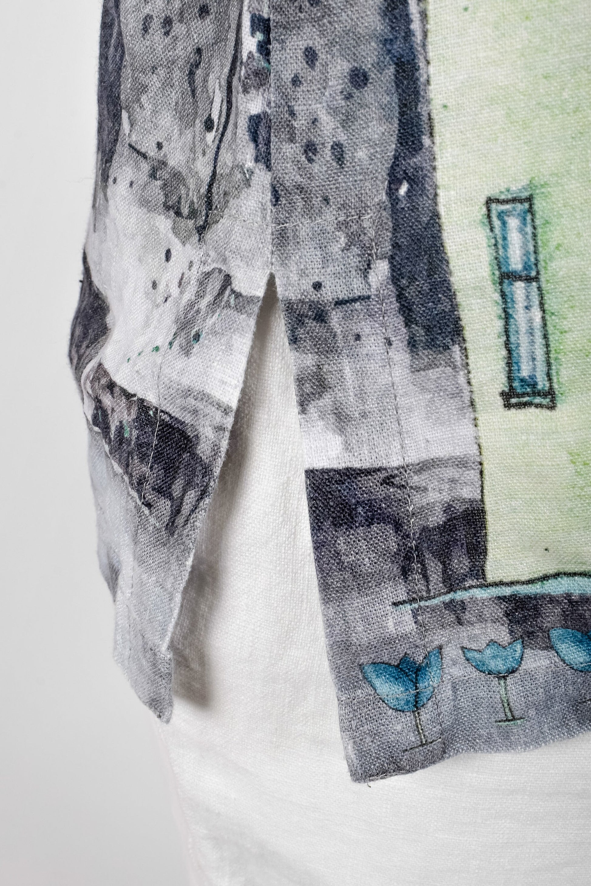 Linen top, short sleeves, summer shirt, Colourful house, linen women shirt, 100% linen, plus size shirt, hand made in Lithuania