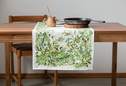 Table runner, olives, housewarming gift, easter table runner, housewarming, farmhouse runner, table decor, linen, table cloth, hand made