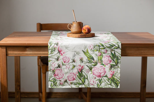 Linen table runner, peonies, 100% linen, housewarming gift, peony, easter table runner, farmhouse runner, party table decor