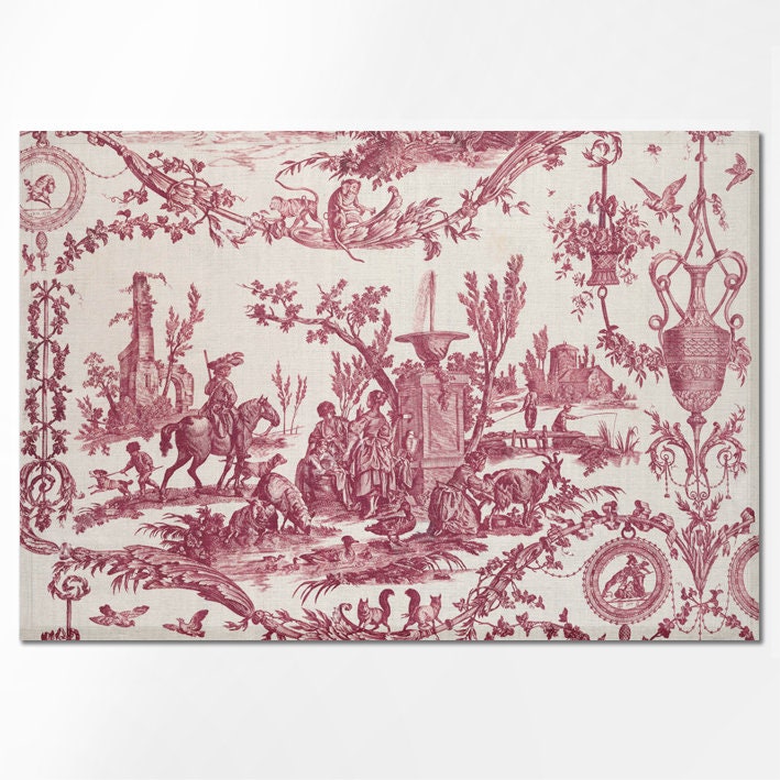 Placemats set, Jean-Baptiste Marie Huet, linen placemats, 100% linen, vintage table decor, red placemats set