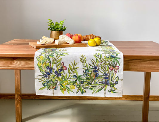 Table runner, olives, housewarming gift, easter table runner, housewarming, farmhouse runner, table decor, linen, table cloth, hand made