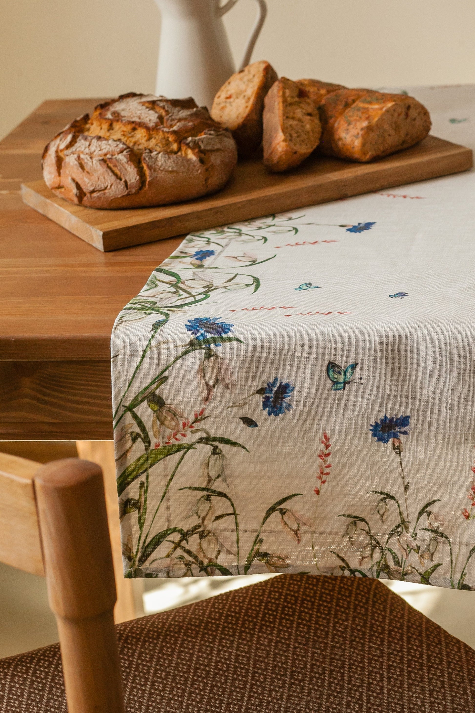 Linen table runner, Cornflowers, party table runner, 100% linen, table runner, coffee table runner, table cover, art on linen
