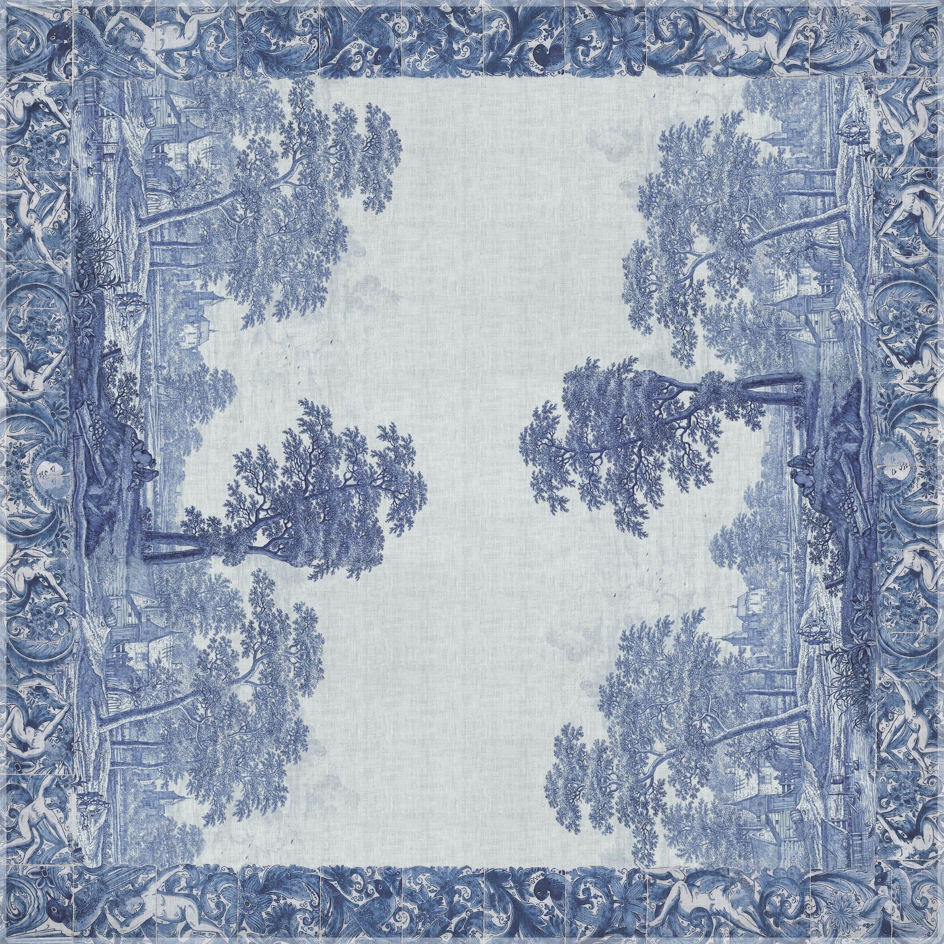 Linen tablecloth, Plaat, beschilderd met een rivierlandschap met kasteel, boerderij en enkele figuren, Frederik van Frytom, 100% linen