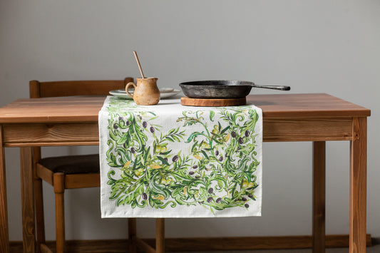 Table runner, olives, housewarming gift, easter table runner, housewarming, farmhouse runner, table decor, linen, table cloth, hand made