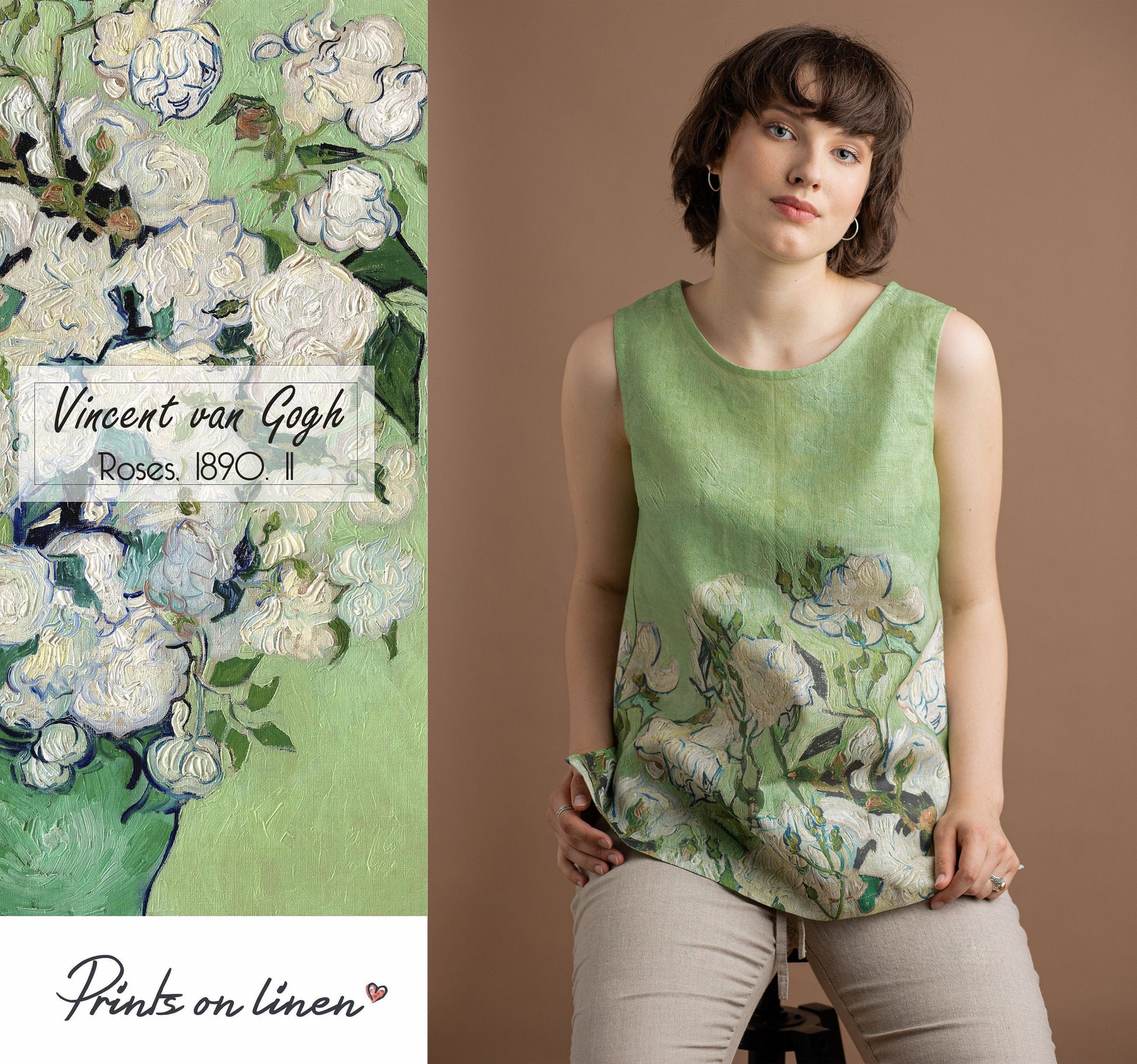 Linen top, Vincent van Gogh, Roses 1890, women blouse, linen shirt, tank top, 100% linen, blouse, sleeveless shirt, custom size shirt