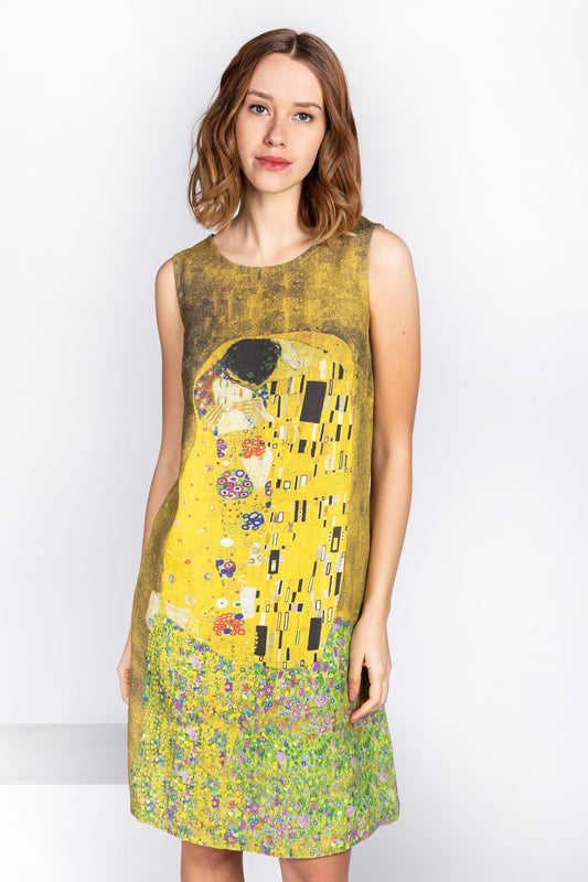 Linen dress, Gustav Klimt, The Kiss, linen tunic, summer dress, dress pockets, hand made dress, tunic dress, loose dress, Art on linen