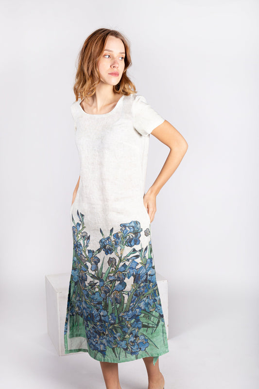 Vincent van Gogh, Linen dress, Irises, dress, 100% linen, Summer dress, dress with pockets, plus size dress, asymmetrical side dress