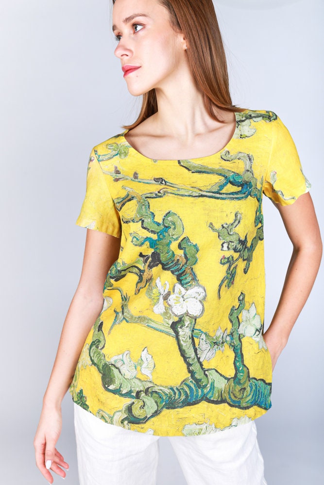 Linen top, Vincent van Gogh, Almond Blossom, Linen Shirt Short Sleeves, Natural Linen Shirt, summer shirt, linen blouse, women shirt