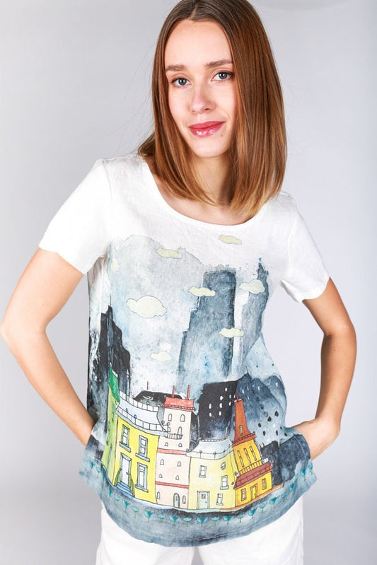 Linen top, short sleeves, summer shirt, Colourful house, linen women shirt, 100% linen, plus size shirt, hand made in Lithuania