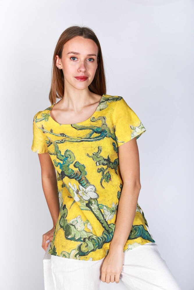 Linen top, Vincent van Gogh, Almond Blossom, Linen Shirt Short Sleeves, Natural Linen Shirt, summer shirt, linen blouse, women shirt
