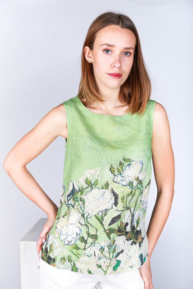 Linen top, Vincent van Gogh, Roses 1890, women blouse, linen shirt, tank top, 100% linen, blouse, sleeveless shirt, custom size shirt