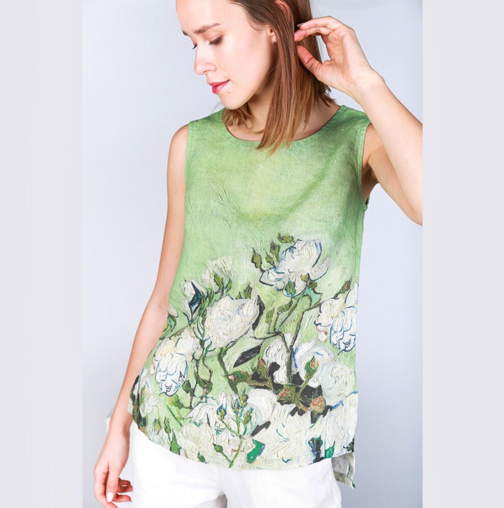 Linen top, Vincent van Gogh, Roses 1890, women blouse, linen shirt, tank top, 100% linen, blouse, sleeveless shirt, custom size shirt