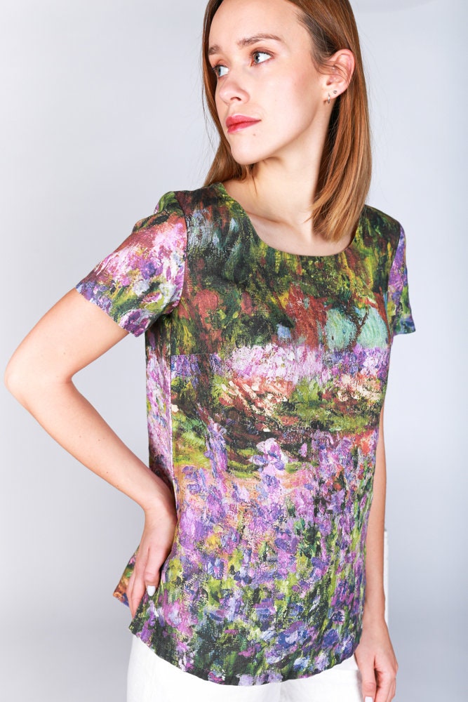 Linen top, Claude Monet, Garden at Giverny, Lightweight blouse, Beachwear, Linen clothing for women, Natural linen blouse