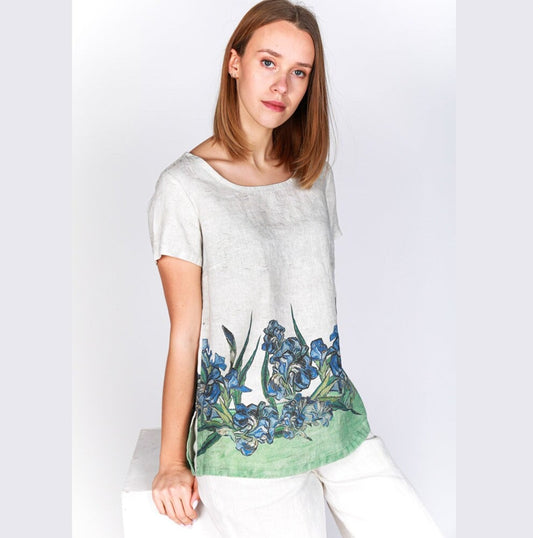 Linen top, Irises, Van Gogh, Linen blouse, linen shirt, linen summer blouse, linen top with sleeves
