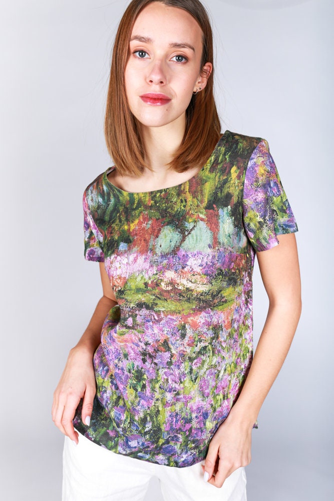 Linen top, Claude Monet, Garden at Giverny, Lightweight blouse, Beachwear, Linen clothing for women, Natural linen blouse