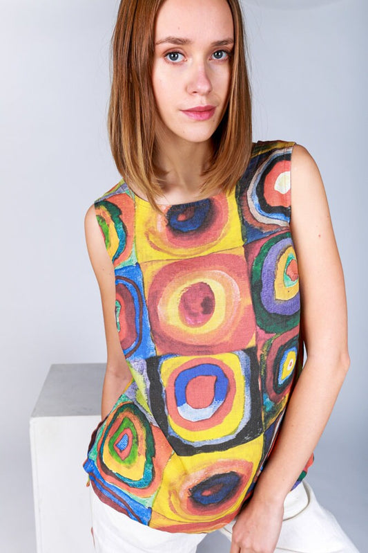 Linen top, Color Study. Squares with Concentric Circles, Kandinsky, linen shirt, women top, summer top