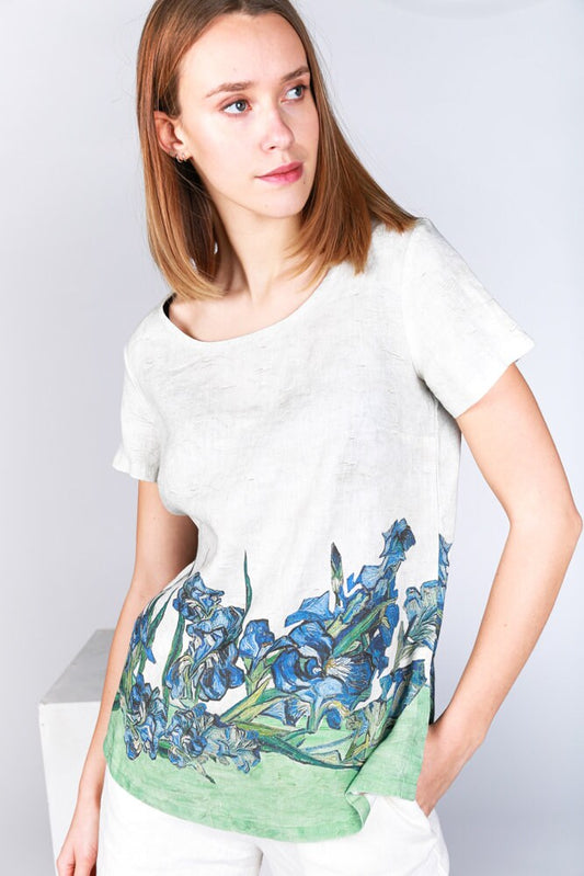 Linen top, Irises, Van Gogh, Linen blouse, linen shirt, linen summer blouse, linen top with sleeves