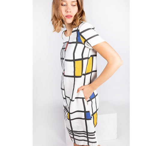 Linen Dress | Composition with Red, Blue and Yellow by Modrian