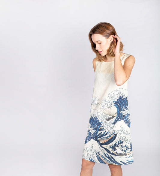 Linen dress, Hokusai The Great wave, sleeveless tunic, linen women dress, women dress with pockets, Linenislove