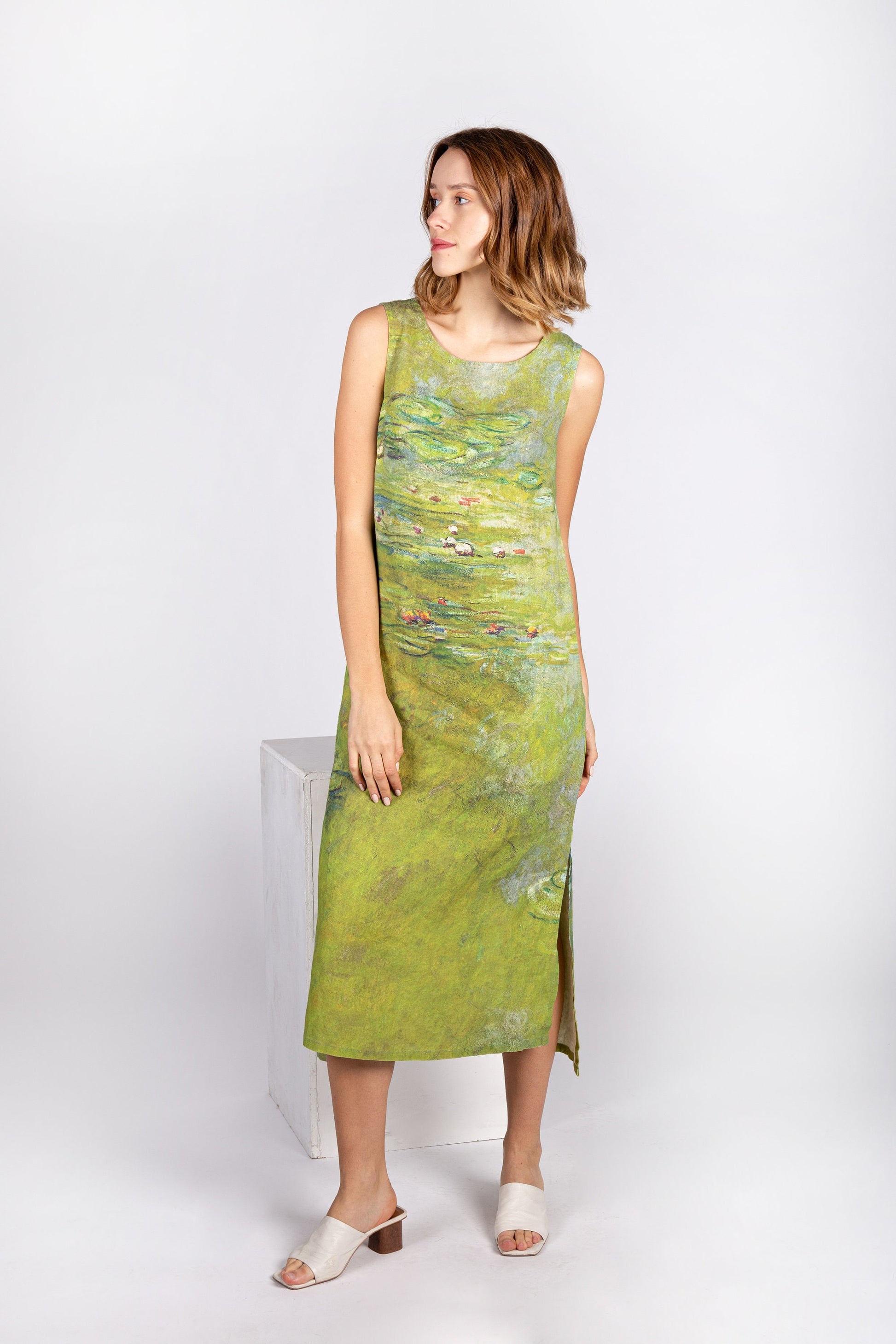 Midi linen dress, Claude Monet, Water Lily, Linen women dress, Matcha dress, classic dress, prom dress, 100% linen, dress with pockets