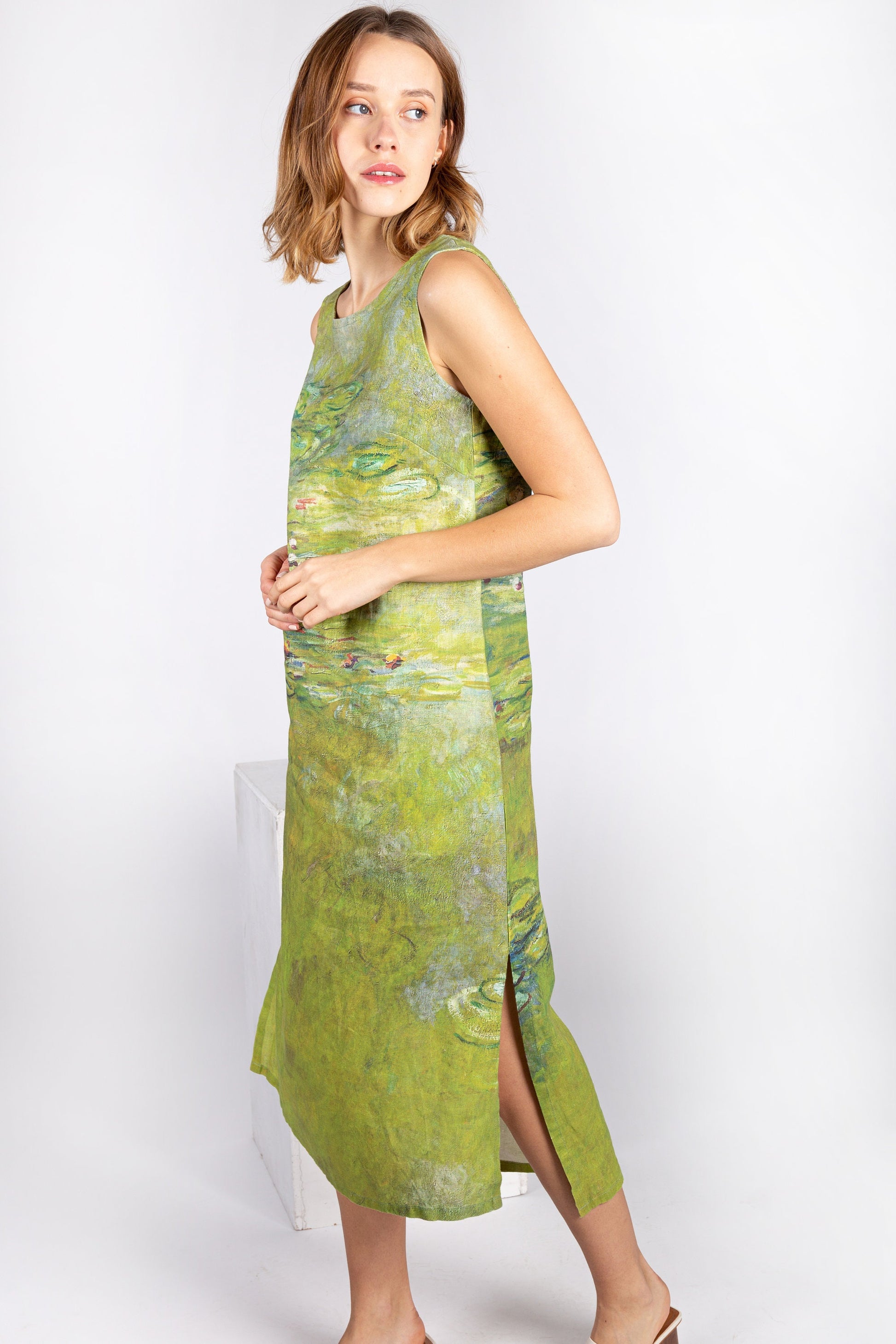 Midi linen dress, Claude Monet, Water Lily, Linen women dress, Matcha dress, classic dress, prom dress, 100% linen, dress with pockets