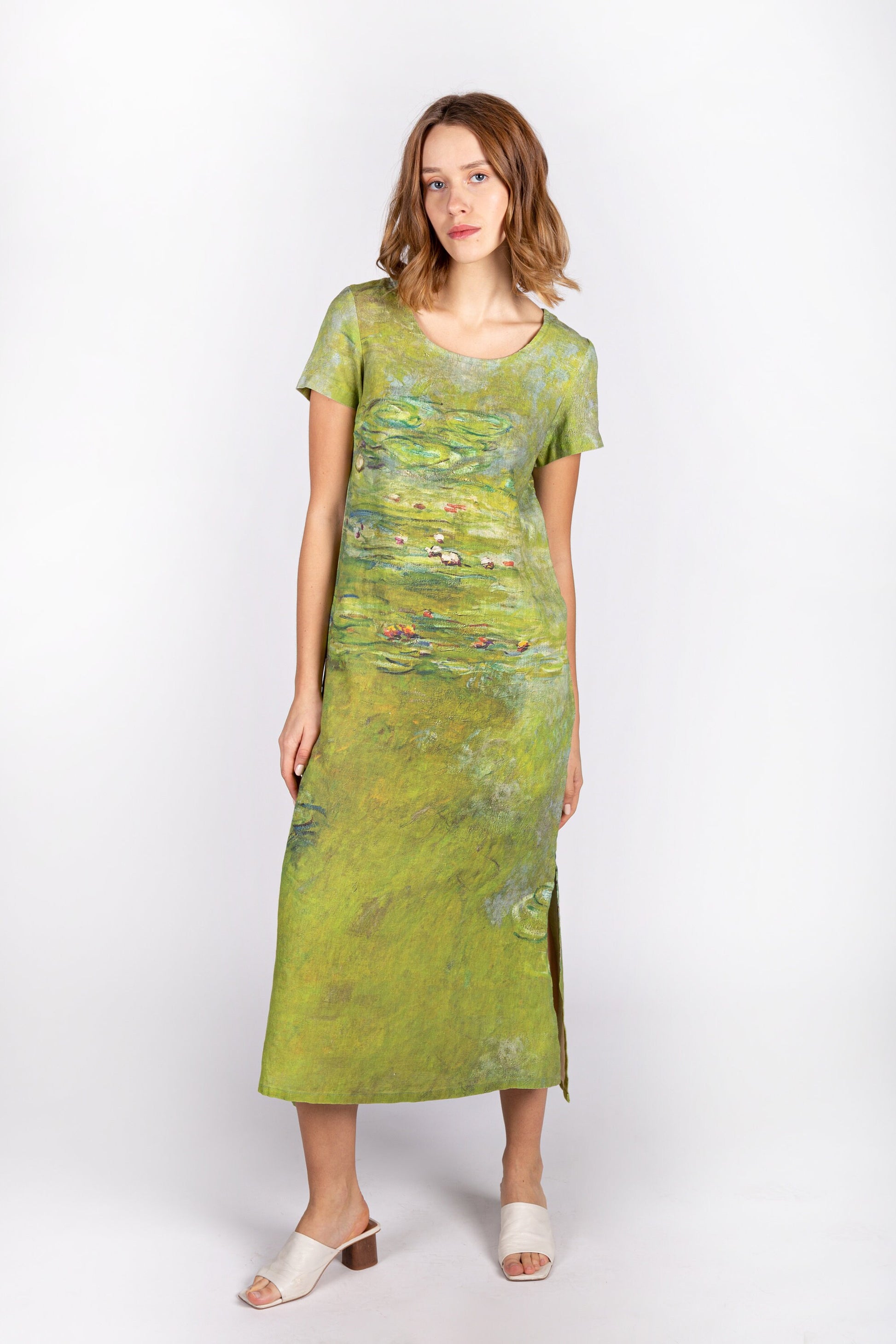 Linen dress, Claude Monet, Water Lily, Midi linen dress, Matcha dress, Linen women dress, classic dress