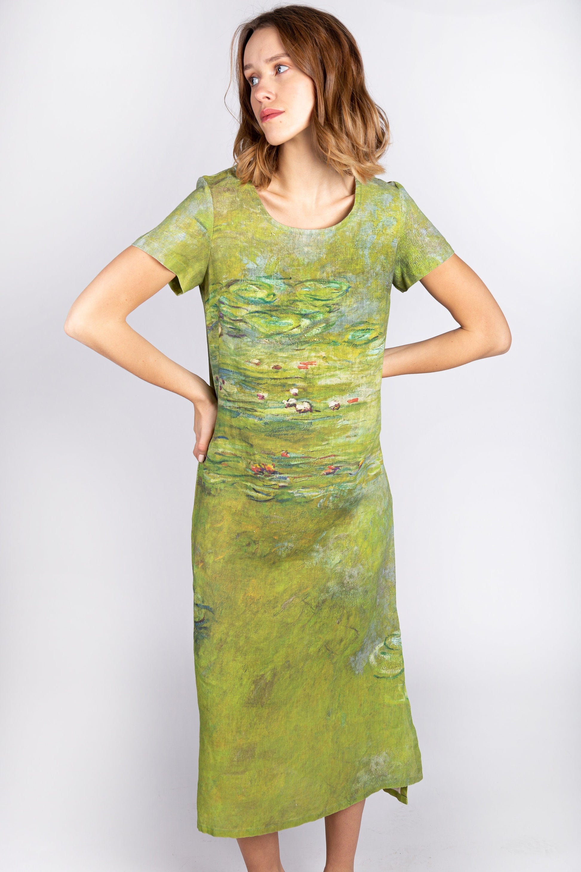 Linen dress, Claude Monet, Water Lily, Midi linen dress, Matcha dress, Linen women dress, classic dress