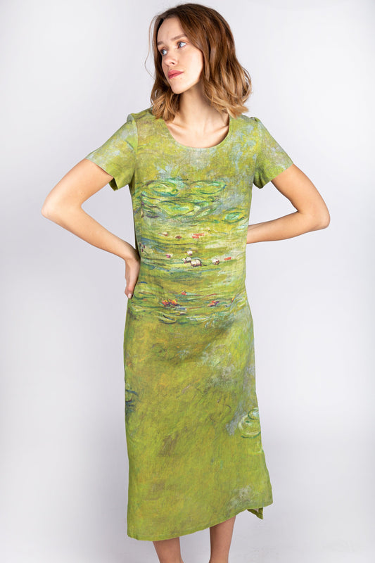Linen dress, Claude Monet, Water Lily, Midi linen dress, Matcha dress, Linen women dress, classic dress