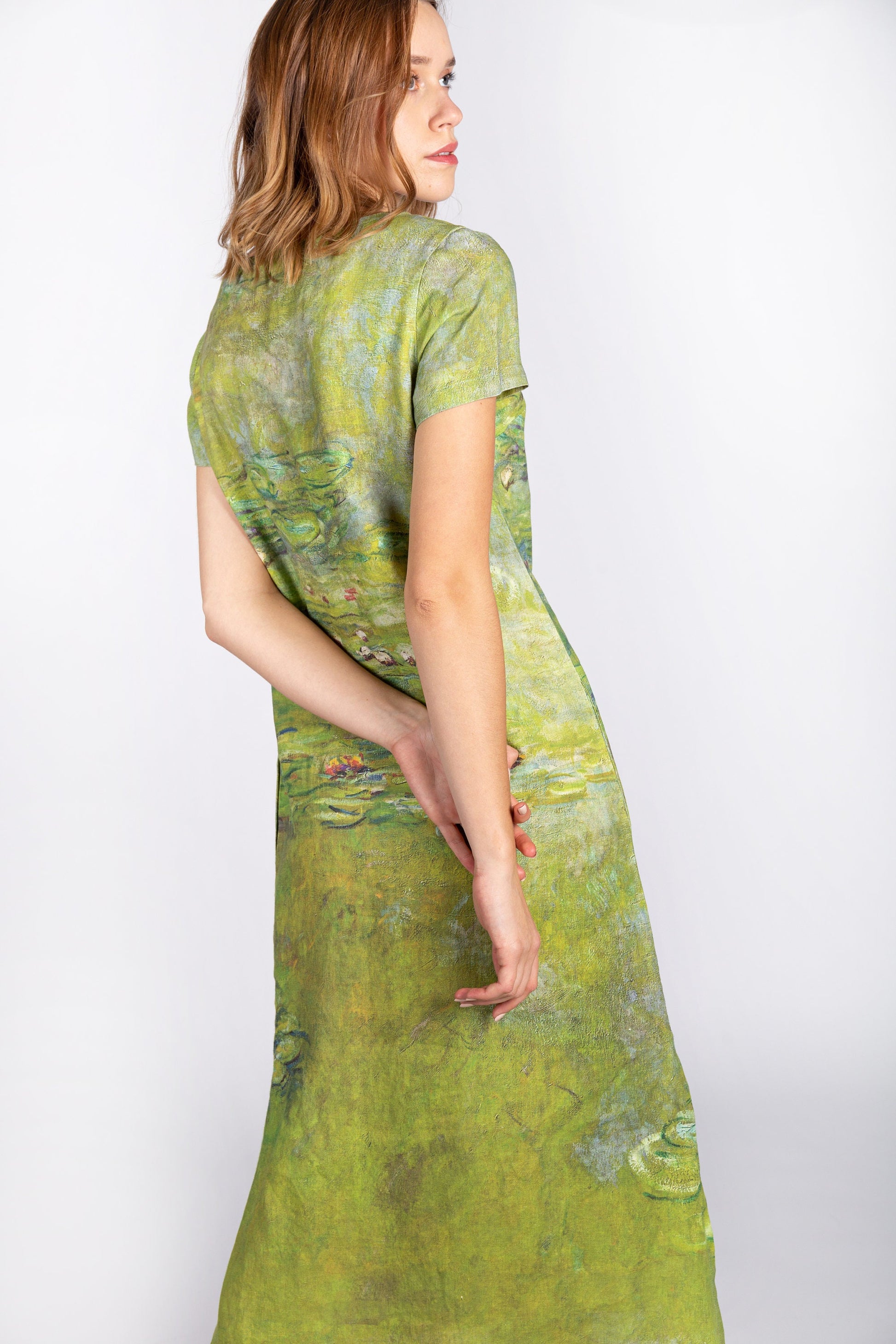 Linen dress, Claude Monet, Water Lily, Midi linen dress, Matcha dress, Linen women dress, classic dress
