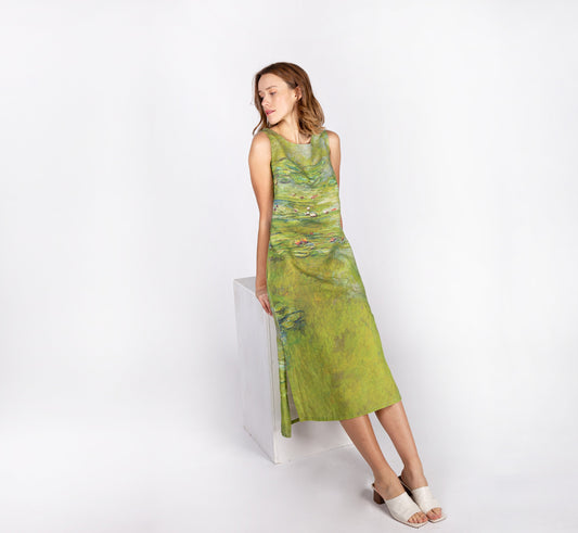 Midi linen dress, Claude Monet, Water Lily, Linen women dress, Matcha dress, classic dress, prom dress, 100% linen, dress with pockets