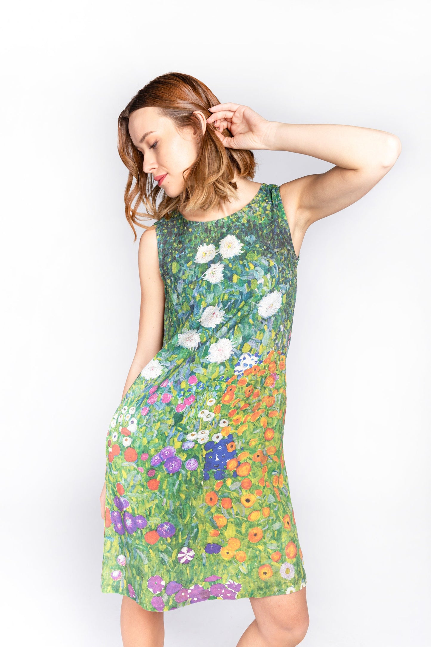 Linen dress, Gustav Klimt, Flower Garden, women dress, 100% linen, linen women dress, , side pockets,