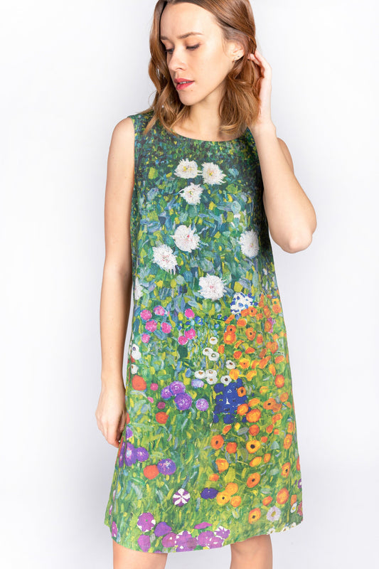 Linen dress, Gustav Klimt, Flower Garden, women dress, 100% linen, linen women dress, , side pockets,