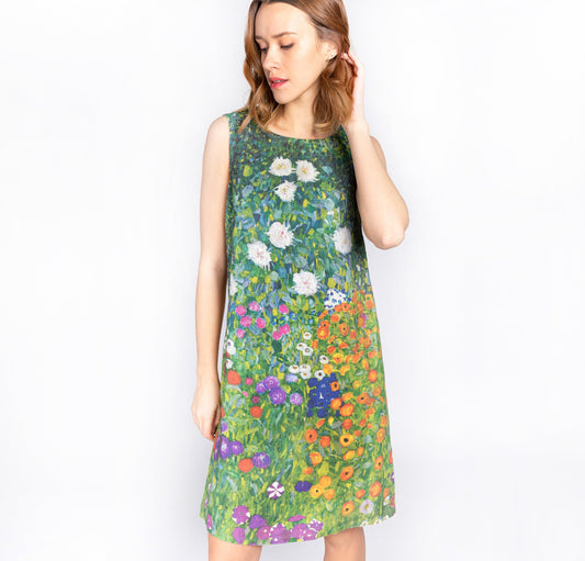Linen dress, Gustav Klimt, Flower Garden, women dress, 100% linen, linen women dress, , side pockets,
