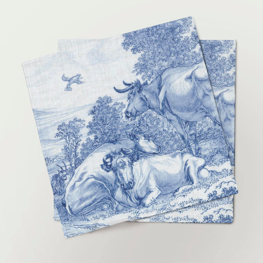 Linen napkins, Plaque with Elijah Fed by Ravens, anonymous, 1658, fabric napkins, toile napkins, blue white napkins