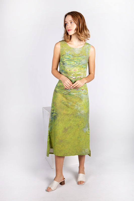 Midi linen dress, Claude Monet, Water Lily, Linen women dress, Matcha dress, classic dress, prom dress, 100% linen, dress with pockets