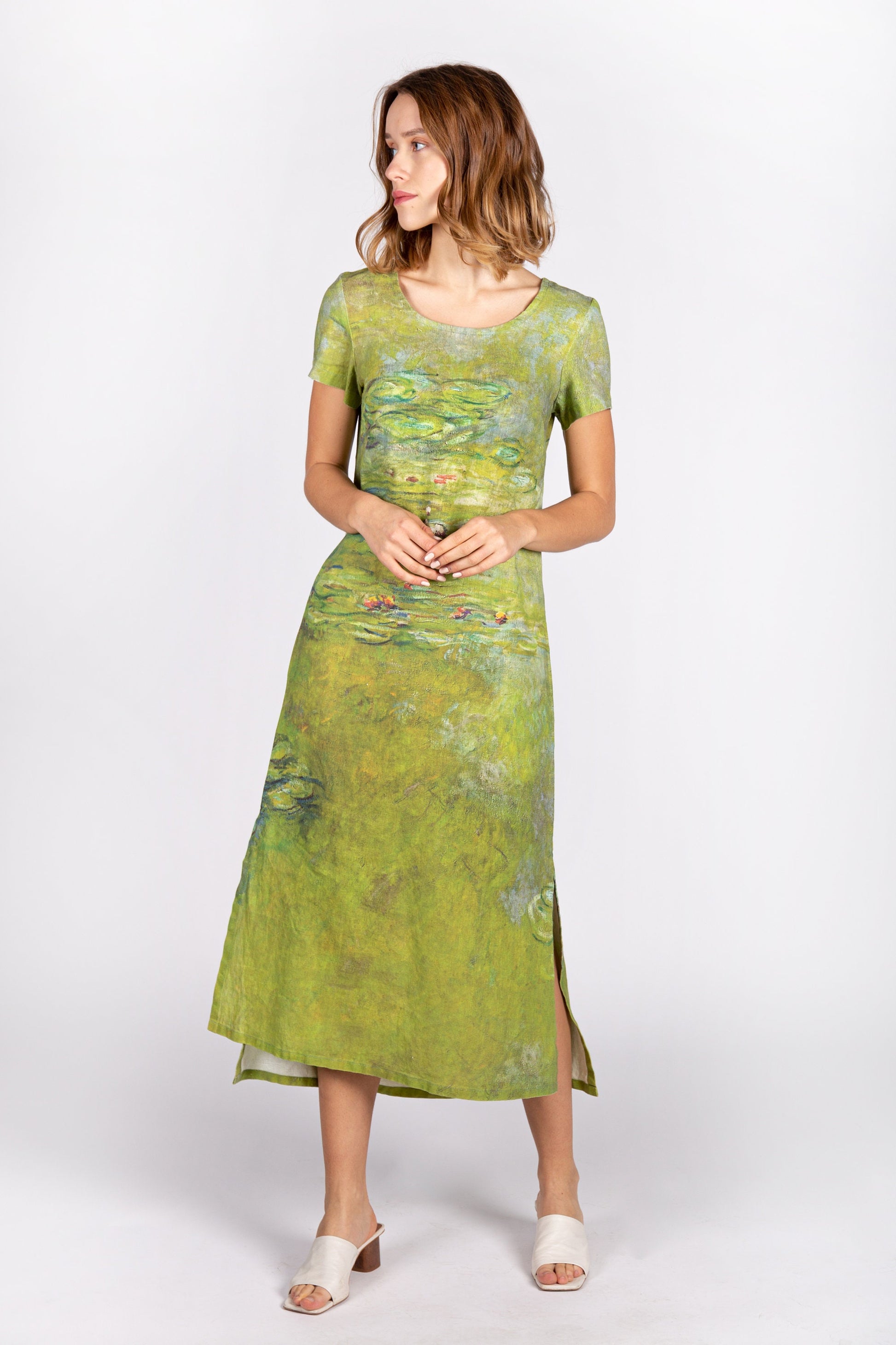 Linen dress, Claude Monet, Water Lily, Midi linen dress, Matcha dress, Linen women dress, classic dress